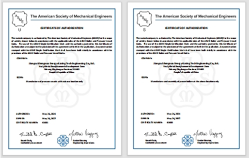 江蘇圣諾公司獲得ASME標準產品認證證書